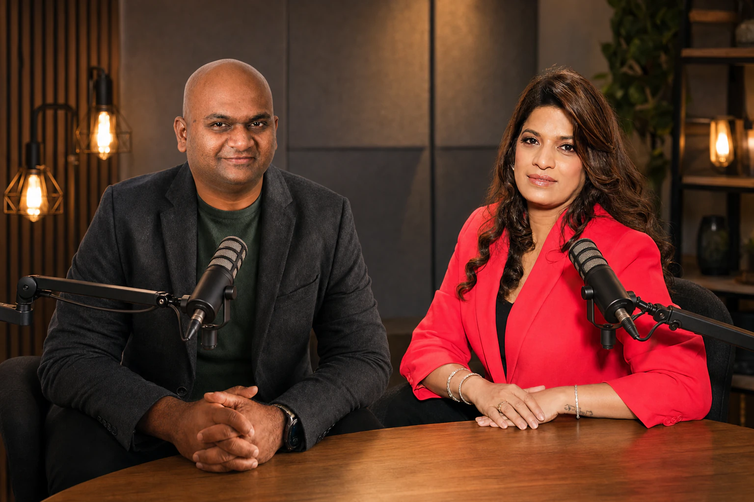 Abhilasha Lonari and Rahul Iyer seated together in a podcast studio
